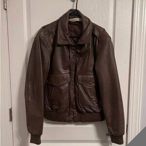 Vintage Heavy Brown Leather Bomber Jacket